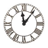 ANTIQUE CLOCK FACE An antique iron clock face with Roman numerals, hands currently detached.