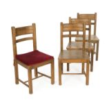 SET OF SIDE CHAIRS A set of four vintage wooden side chairs, one with a red cushion.36 1/2 by 19 1/4