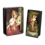 TWO RUSSIAN LACQUER BOXES Two Fedoskino Russian lacquer boxes, one depicting a woman leaning against