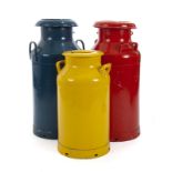 THREE LARGE PAINTED METAL MILK CONTAINERS A group of three painted metal milk containers in