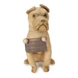ANTIQUE STUFFED DOG WITH BRASS SIGN An antique stuffed toy dog with a vintage brass "Dangerous"