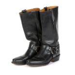 RINGO STARR FRYE BOOTS A pair of black leather Frye harness boots, marked 8 D 2120.  The boots