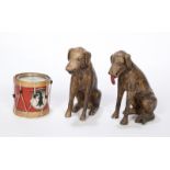 PAPIER MÂCHÉ DOGS Two vintage dog figures, together with a toy drum.Tallest, height, 11 inches