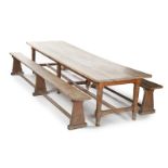 REFECTORY TABLE Antique and later table made of limed oak. Together with two benches. “This