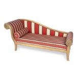 CUSTOM UPHOLSTERED FURNITURE Including a recamier with striped star fabric and gold painted legs,