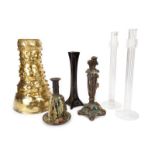 GROUP OF CANDLESTICKS AND VASES Including a pair of French handblown glass candlesticks; two