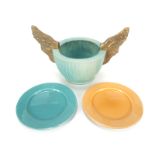 GROUP OF CERAMIC WARE A turquoise colored winged bowl, marked "Vienna Collection" and signed