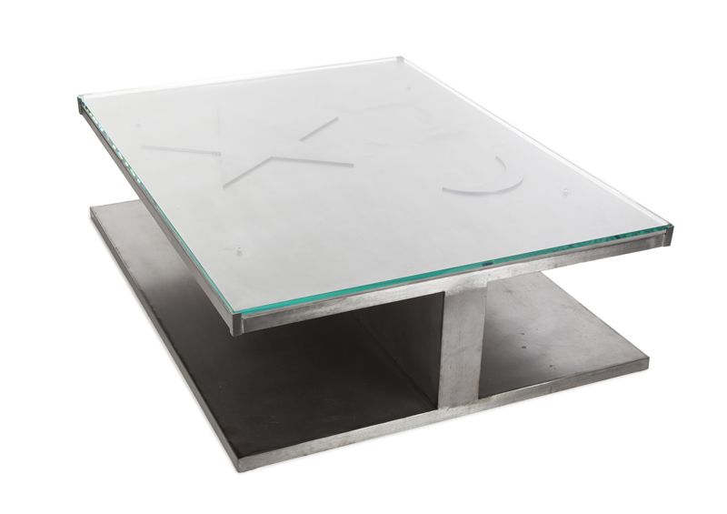 METAL MOON AND STAR COFFEE TABLE A rectangular metal coffee table with a plate glass top.15 by 52