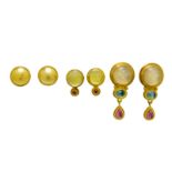 BARBARA BACH THREE PAIR OF GOLD EARRINGS Each are 18k yellow gold, some have cabochon stones.