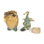 GROUP OF THREE DRAGON ITEMS Including an octopus vase purchased from Editions Graphiques, a glazed