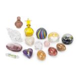GROUP OF GLASS AND HARDSTONE ORNAMENTS Including three glass paperweights, a carved Waterford