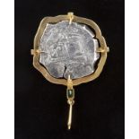 RINGO STARR ATOCHA COIN PENDANT A metal Atocha coin and emerald pendant mounted in 14k yellow gold