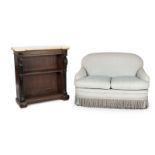 LOVESEAT AND BOOKSHELF A blue upholstered sun-faded loveseat with tassel fringe, together with the