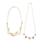 BARBARA BACH TWO FLORAL CHAIN NECKLACES The first with yellow gold flowers with multiple chains, the