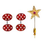 RINGO STARR PIN AND CUFFLINKS A 14k yellow gold star stickpin with inset ruby, together with a