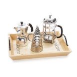 COFFEE POTS AND TRAY Three assorted European coffee or teapots, together with a wooden serving