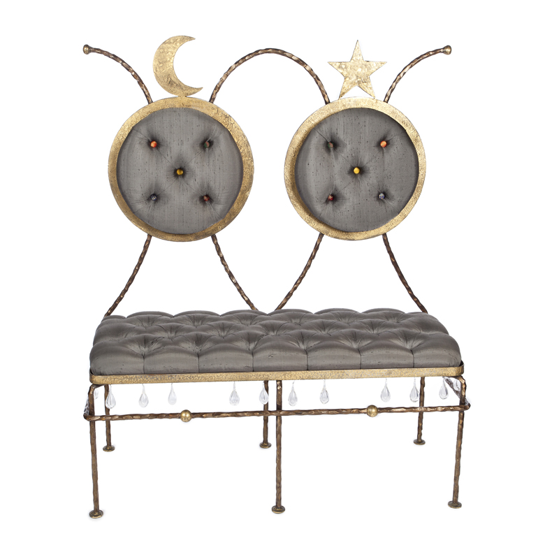 MOON AND STAR LOVESEAT A hammered metal and button-tufted silk hall loveseat with crystal drops.50