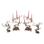 BRONZE MOUNTED PORCELAIN CANDELABRA A pair of Wong Lee 1895 polychrome bronze mounted three-light