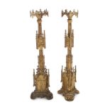 PAIR OF VICTORIAN GOTHIC REVIVAL PRICKETT STICKS A pair of highly decorated brass Victorian Gothic