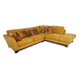 L-SHAPED SOFA AND CHAIR A gold velvet modern L-shaped sofa and matching club chair, both with