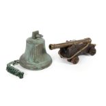SHIP'S BELL, MINIATURE CANNON, AND FRAME A large copper bell, together with a miniature wood and