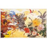 LARGE DECORATIVE LANDSCAPE A printed tropical and floral landscape mounted to board.34 by 55 1/4
