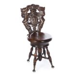 VICTORIAN GOTHIC REVIVAL HALL CHAIR AND BATIK WALL DECORATION A walnut chair with figural and lion