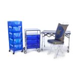 GROUP OF CHROME AND ACRYLIC FURNITURE A group of blue, clear, and chrome furniture including a