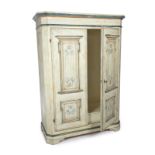 PAINTED ARMOIRE A distressed painted modern locking wardrobe armoire with a lower pull-out shelf.