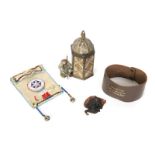 GROUP OF DECORATIVE ITEMS Including a cold painted metal lidded container with Oriental theme, a