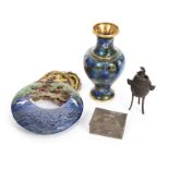 GROUP OF ASIAN ITEMS Including a cloisonne vase, a painted pottery wall pocket, a bronze incense