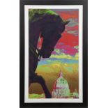 TWO WORKS ON PAPER FEATURING ARCHITECTURE The first a color print depicting a horse in front of a