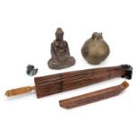 ASSORTED ASIAN DECORATIVE ITEMS Including a carved wooden Buddha, a hinge-opening bronze ball censer