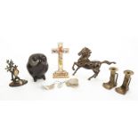 GROUP OF ASSORTED DECORATIVE ITEMS Including a pair of brass owl candlesticks, a horse figurine, a