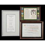 FRAMED CALLIGRAPHY AND TEXT Two framed calligraphy statements, the first "The True Meaning of