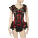 JOAN COLLINS "THESE OLD BROADS" BUSTIER A black lace and red satin bustier worn by Joan Collins