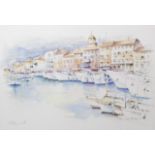 JOAN COLLINS ST. TROPEZ WATERCOLOR AND SIGNED BOOK A pen and ink and watercolor drawing of a St.
