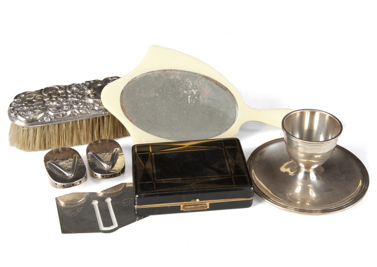 JOAN COLLINS GROUP OF VINTAGE DRESSER ITEMS Including a vintage sterling clothing brush with