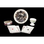 JOAN COLLINS GROUP OF PAINTED CERAMIC ITEMS Including a cabinet plate with applied mussel shells,