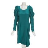 JOAN COLLINS TEAL DRESSES A pair of teal silk dresses owned by Joan Collins. The first is a