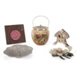 JOAN COLLINS GROUP OF EARLY 20TH CENTURY ITEMS Including a scenic ceramic biscuit barrel, an