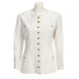 JOAN COLLINS CHANEL JACKETS A pair of Chanel Boutique jackets. The first is a coral and ivory