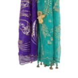 JOAN COLLINS SARIS A pair of silk crepon saris owned by Joan Collins. One with gold embroidery work,