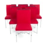 JOAN COLLINS SIX CHROME DINNER CHAIRS A set of six chrome side chairs with red fabric upholstery.