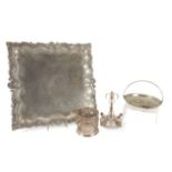 JOAN COLLINS SILVERPLATED TABLETOP ITEMS Including a large square serving tray, a wine bottle holder