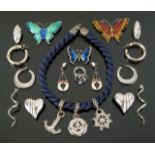 JOAN COLLINS SILVER TONE JEWELRY INCLUDES STERLING A group of silver tone jewelry including sterling