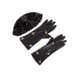 JOAN COLLINS VINTAGE HAT AND GLOVES A vintage beaded skull cap and leather gloves owned by Joan