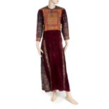 MIA FARROW WORN CAFTAN A burgundy velvet floor-length caftan with embroidery. No labels.PROVENANCE