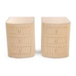 JOAN COLLINS PAIR OF REEDED NIGHTSTAND TABLES With rose colored mirror tops. Accompanied by a copy