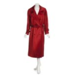 JOAN COLLINS NOLAN MILLER COUTURE EVENING COAT A satin scarlet double-breasted trench coat worn by